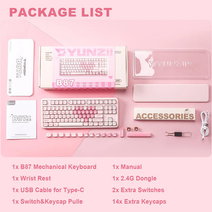 YUNZII B87 Pink Mechanical Gaming Keyboard, QMK/VIA Custom Gasket RGB Keyboard, Wireless Aesthetic Keeb, Wrist Rest for Win/Mac