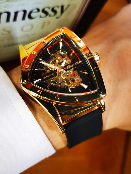 Orologio automatico da uomo WINNER, design scheletrato triangolare, lancette luminescenti, cinturino in gomma, stile militare, orologio meccanico di lusso