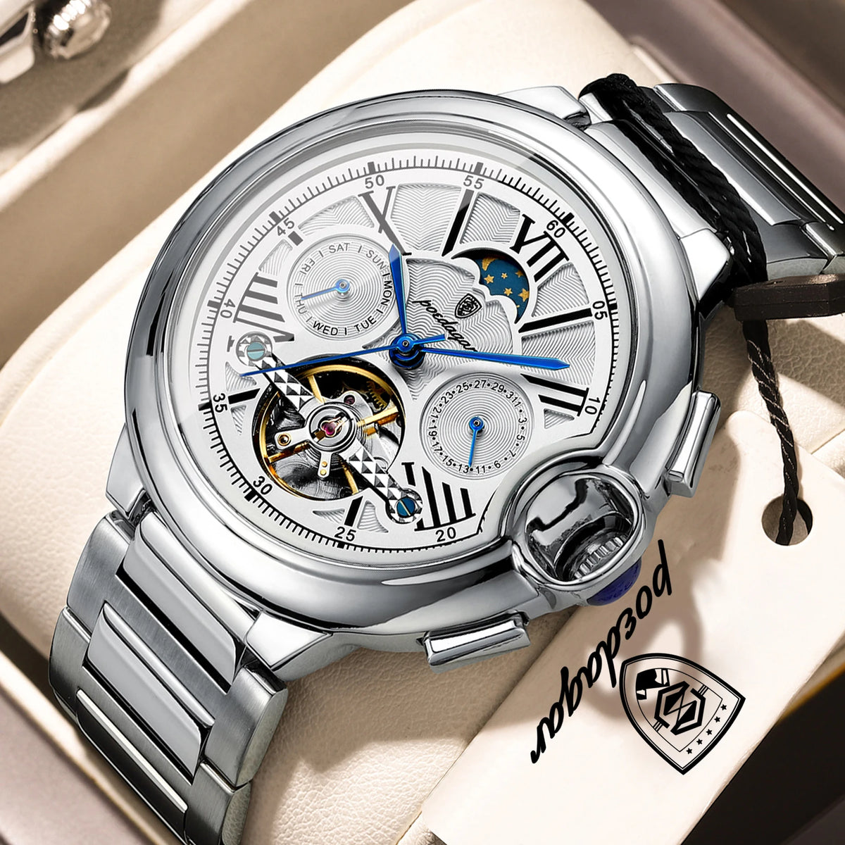 POEDAGAR luksuzni muški sat – automatski mehanički model s prikazom datuma i dana, kožni remen, tourbillon, vodootporan, elegantan i profesionalan stil.