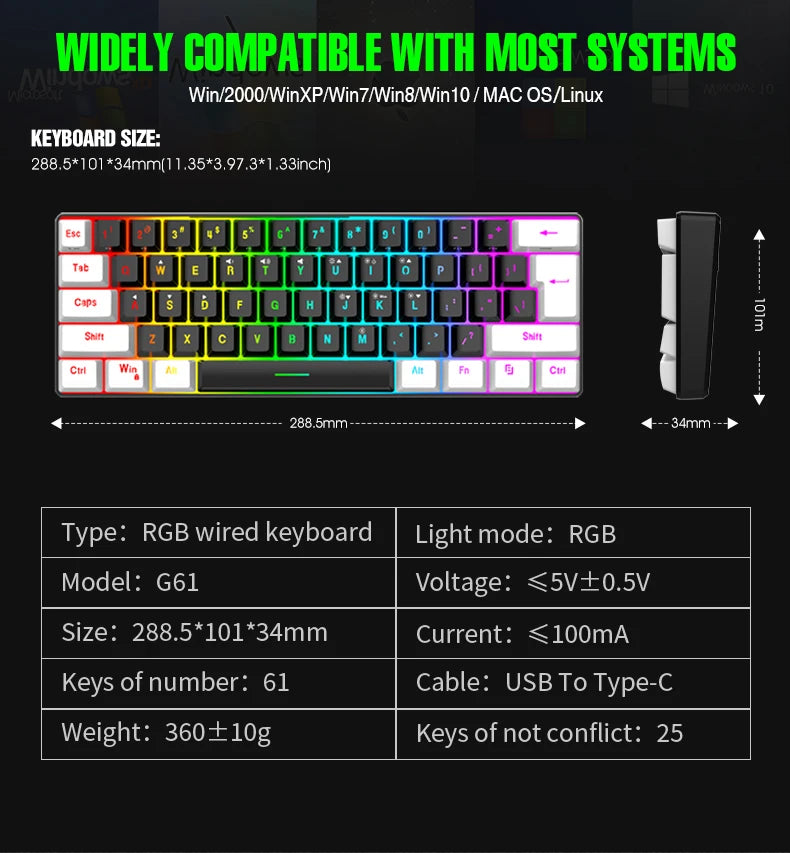 60% compact wired keyboard with 61 key membrane layout, RGB backlighting, ergonomic design, small and portable office computer