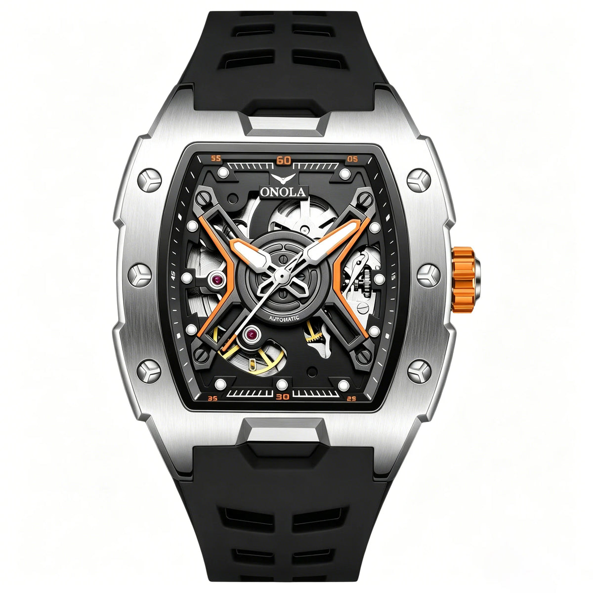 ONOLA Men's Rose Gold Automatic Mechanical Watch Silicone Strap Waterproof Luminous Hollow Dial Watch
