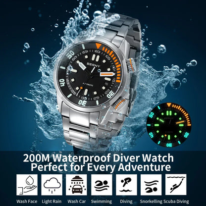 BERNY Automatic Dive Watch for Men Super Luminous 20ATM Diver Wristwatch Original Top Sapphire Swim Sport Mechanical Male Watch