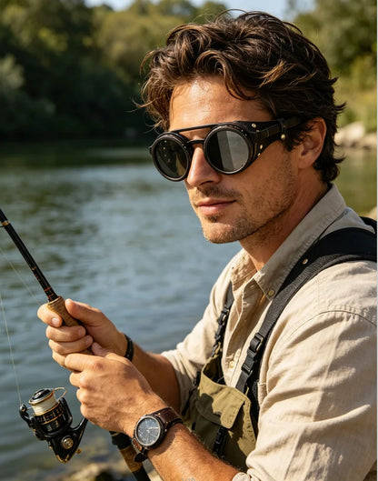 Adjustable 9-Gear ND Filter Steampunk Sunglasses UV400 Round Retro Punk Sun Glasses with Side Shields Leather Patch for Men Wome