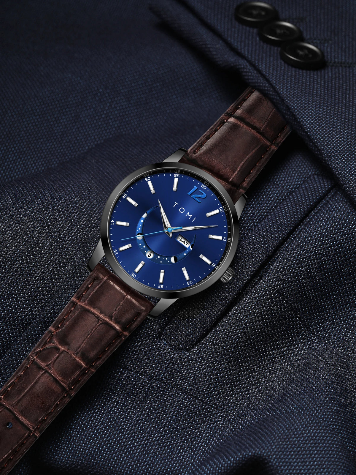 Montre à quartz TOMI, style business et élégant, avec bracelet en cuir, boîtier en alliage et cadran à aiguilles – Design haut de gamme, idée cadeau pour homme