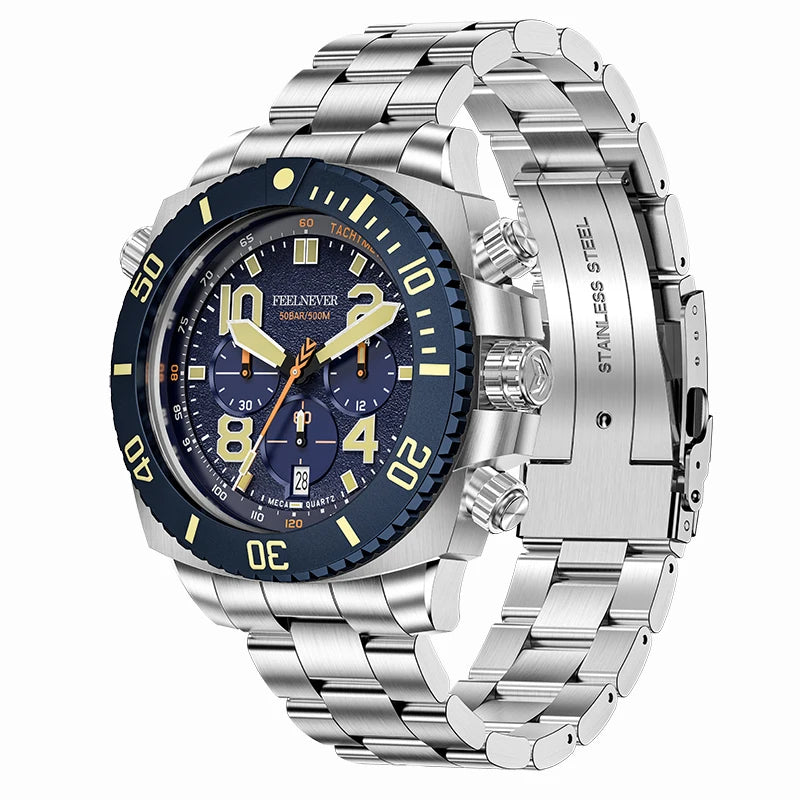 FeelNever Sport Automatic Movement Quartz Watch Stainless Steel Sapphire Crystal Watches Men 500M Waterproof Clocks Reloj Hombre