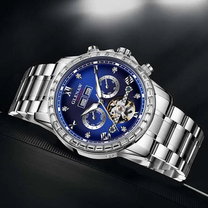 Reloj mecánico multifunción GLENAW – Modelo para hombre, estilo ejecutivo y desenfadado, correa de acero inoxidable, resistente al agua, con calendario – Reloj de lujo