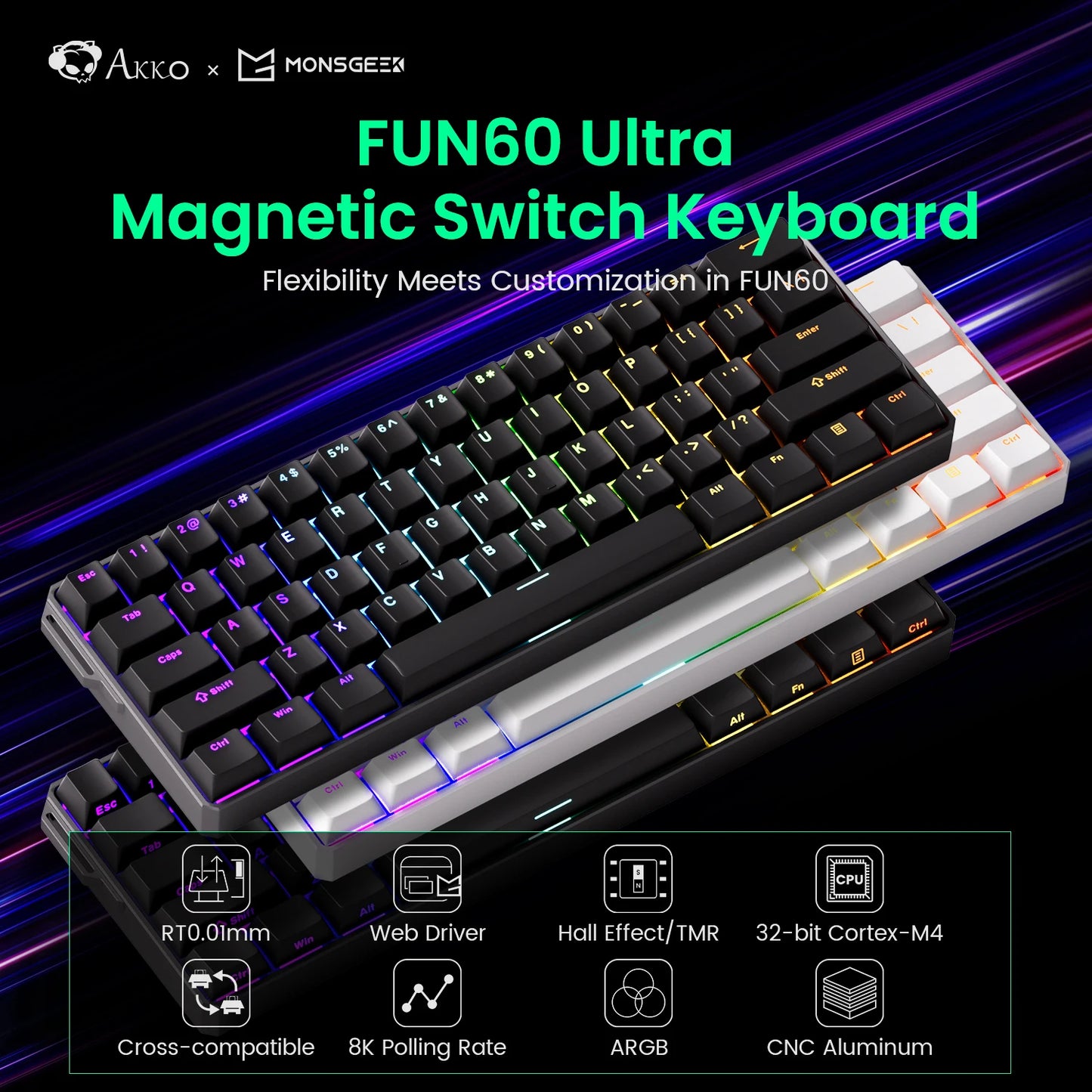 Teclado gaming mecánico Akko MonsGeek FUN60 Ultra con interruptores magnéticos 60%, Rapid Trigger, 8K HE/TMR, teclado gamer personalizado de aluminio