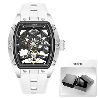 Relógio de pulso automático MEGIR para homem, com bracelete em silicone preto, impermeável, luminoso, desportivo e mecânico, com mostrador tonneau 2242