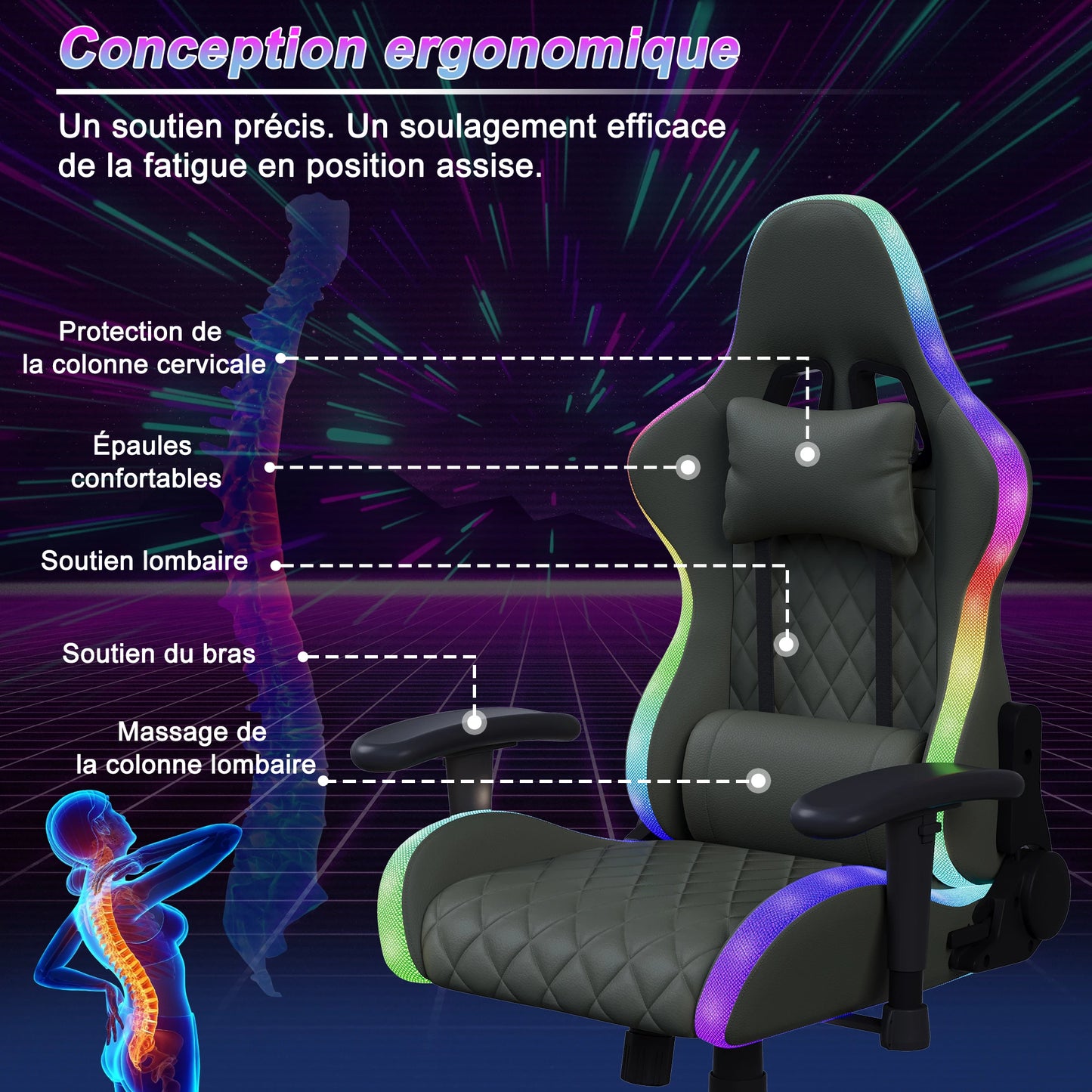 Rosahqnda Gaming Chair with Massage Function, Adjustable backrest,Computer Chair,with ambient light,Lumbar Cushion, Pillow,150 KG