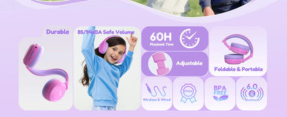Casque Bluetooth 6.0 pour enfants Acer OHR668, limiteur de volume 85/94 dB, casque sans fil pliable à porter sur les oreilles, autonomie de 60 heures, microphone intégré.
