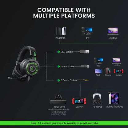 OneOdio EKSA StarEngine Pro Wired Gaming Headset 7.1 Surround Sound Headphones with ENC Mic, USB Type-C 3.5mm PC Gaming Headset for PS5 PS4 Xbox
