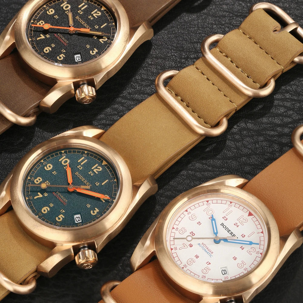 Boderry Field Watches Bronze Case Automatic Mechanical VOYAGER Watch Men's 100M Waterproof Clock Military Top Brand Wristwatch