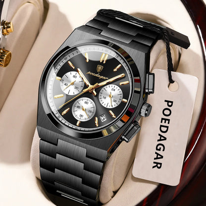 Montre pour homme POEDAGAR – Chronographe de luxe en acier inoxydable, avec date, étanche et luminescente – Montre-bracelet sportive à quartz