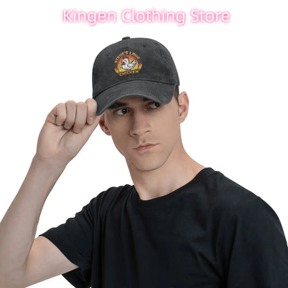 Unisex Chicken Jockey Lava Chicken Print Steves Hat – Modebaseballkasket i distressed-look, vasket, justerbar