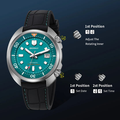 BERNY 20ATM Diver Watch For Men Mechanical Miyota 8215 Sapphire Sports Diving Luminous Anti-collision Crown Dual Crown Men Watch