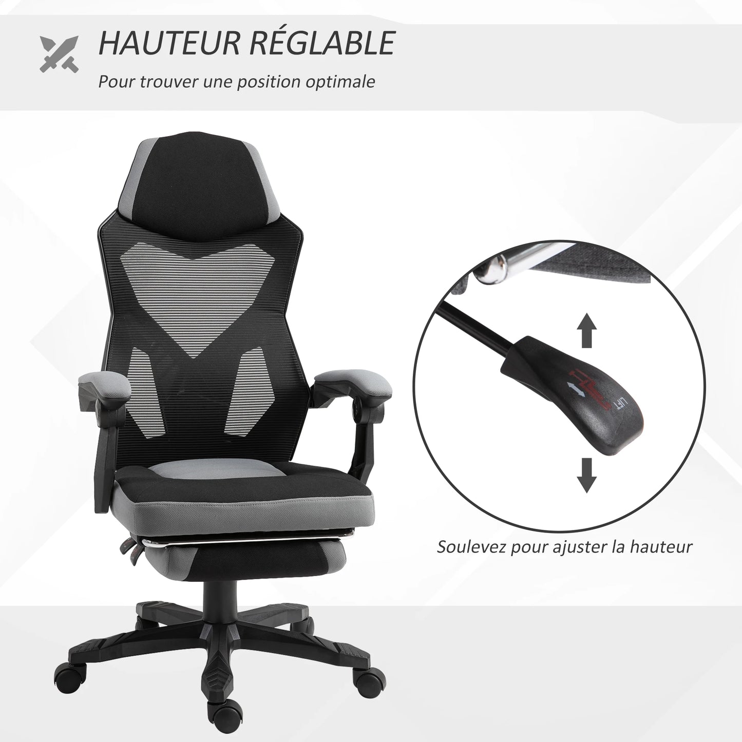 Ergonomic Gaming Office Chair with Footrest, Adjustable Height Swivel Computer Chair, Mesh Reclining Chair with Armrests for Home & Work