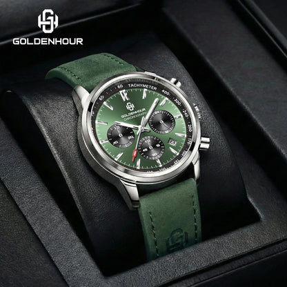 Reloj de lujo para hombre GOLDENHOUR: cronógrafo de cuarzo, esfera verde, correa de piel, resistente al agua, luminiscente, estilo militar y deportivo