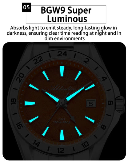 ADDIESDIVE GMT Men Quartz Watch Sapphire Crystal Swiss Ronda 515-24H Dual Time BGW9 Super Luminous 20Bar Waterproof Diver Watch