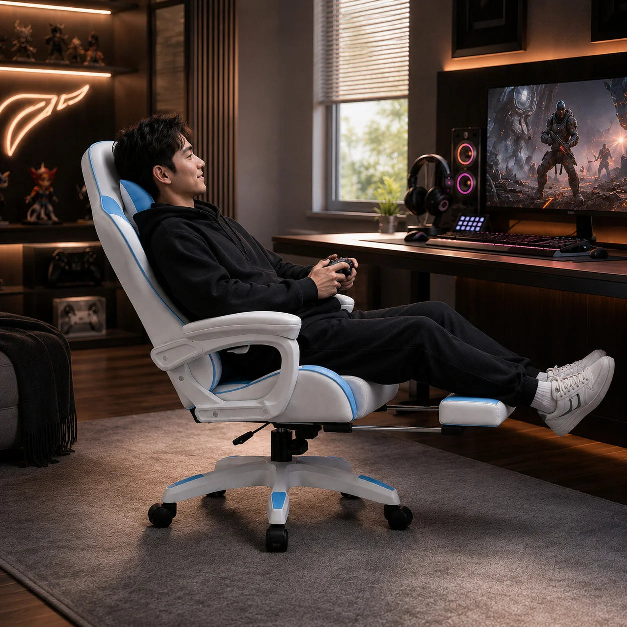 AOLIVIYA Gaming-Bürostuhl mit Liegefunktion, drehbar, höhenverstellbar, mit Rückenlehne und Fußstütze, für Zuhause, Computer, Internetcafé und E-Sports
