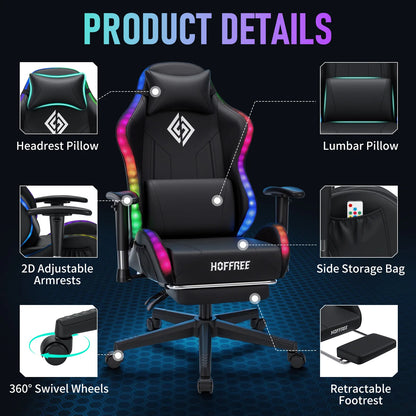 Silla gaming LED para niños de 8-15 años, silla gamer ajustable con iluminación LED, reposapiés y soporte lumbar, silla ergonómica para PC