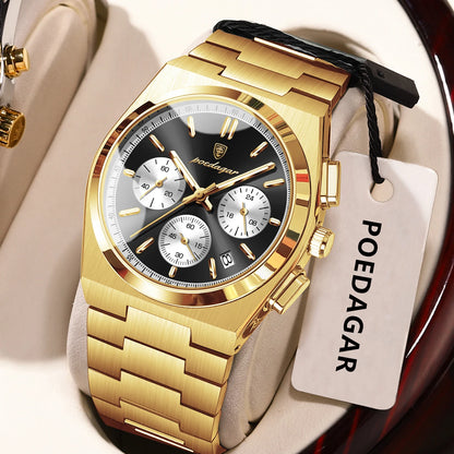Montre pour homme POEDAGAR – Chronographe de luxe en acier inoxydable, avec date, étanche et luminescente – Montre-bracelet sportive à quartz