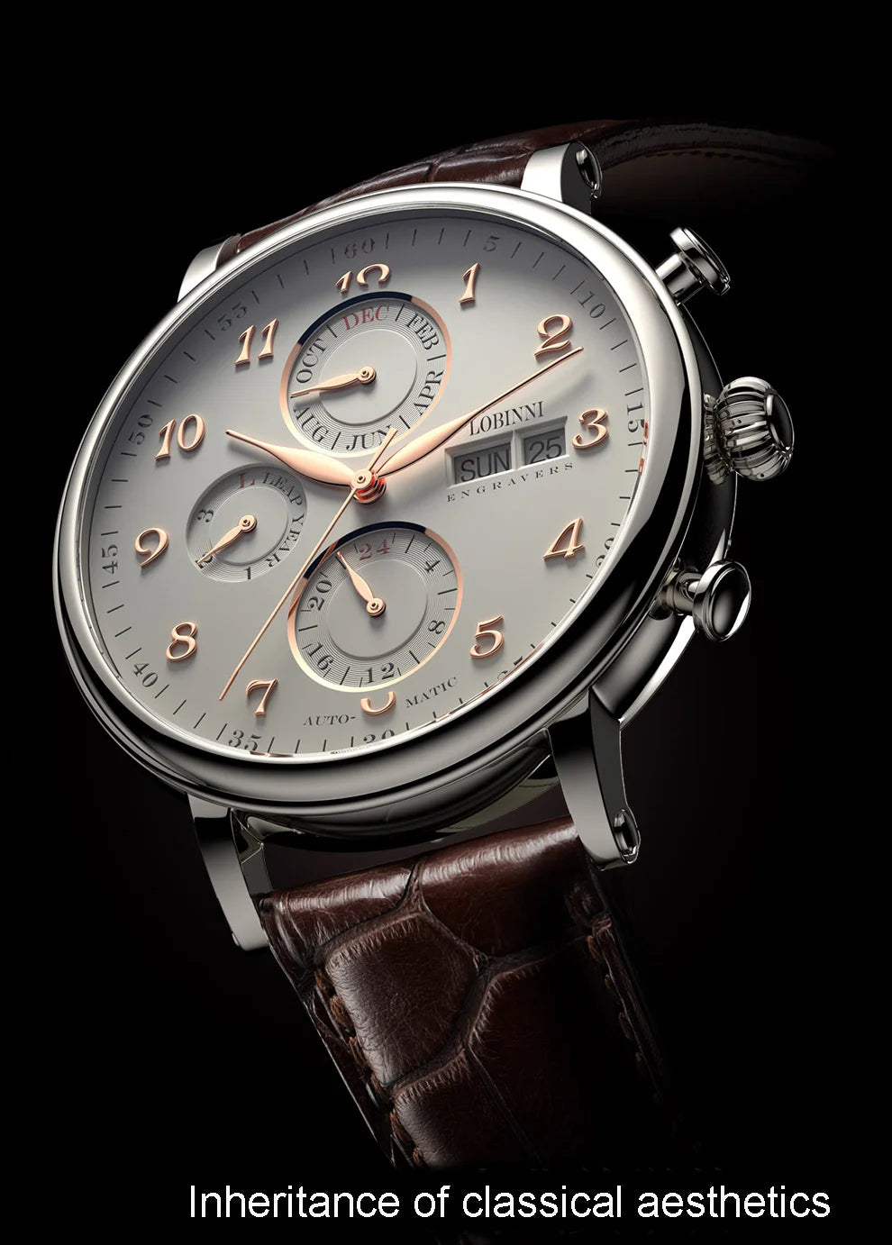 Relógio masculino mecânico automático LOBINNI Luxury Brand Switzerland com calendário perpétuo, vidro de safira e mostrador multifunções L13019-8