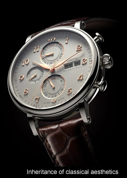 Relógio masculino mecânico automático LOBINNI Luxury Brand Switzerland com calendário perpétuo, vidro de safira e mostrador multifunções L13019-8