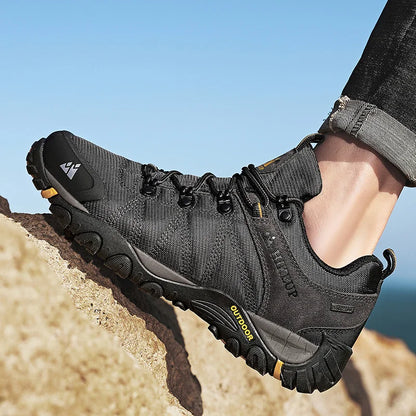 HIKEUP Four-Season Men's Hiking Shoes Outdoor Sports Genuine Leather Wear-Resistant Climbing Shoes Rubber Sole Trekking Sneaker