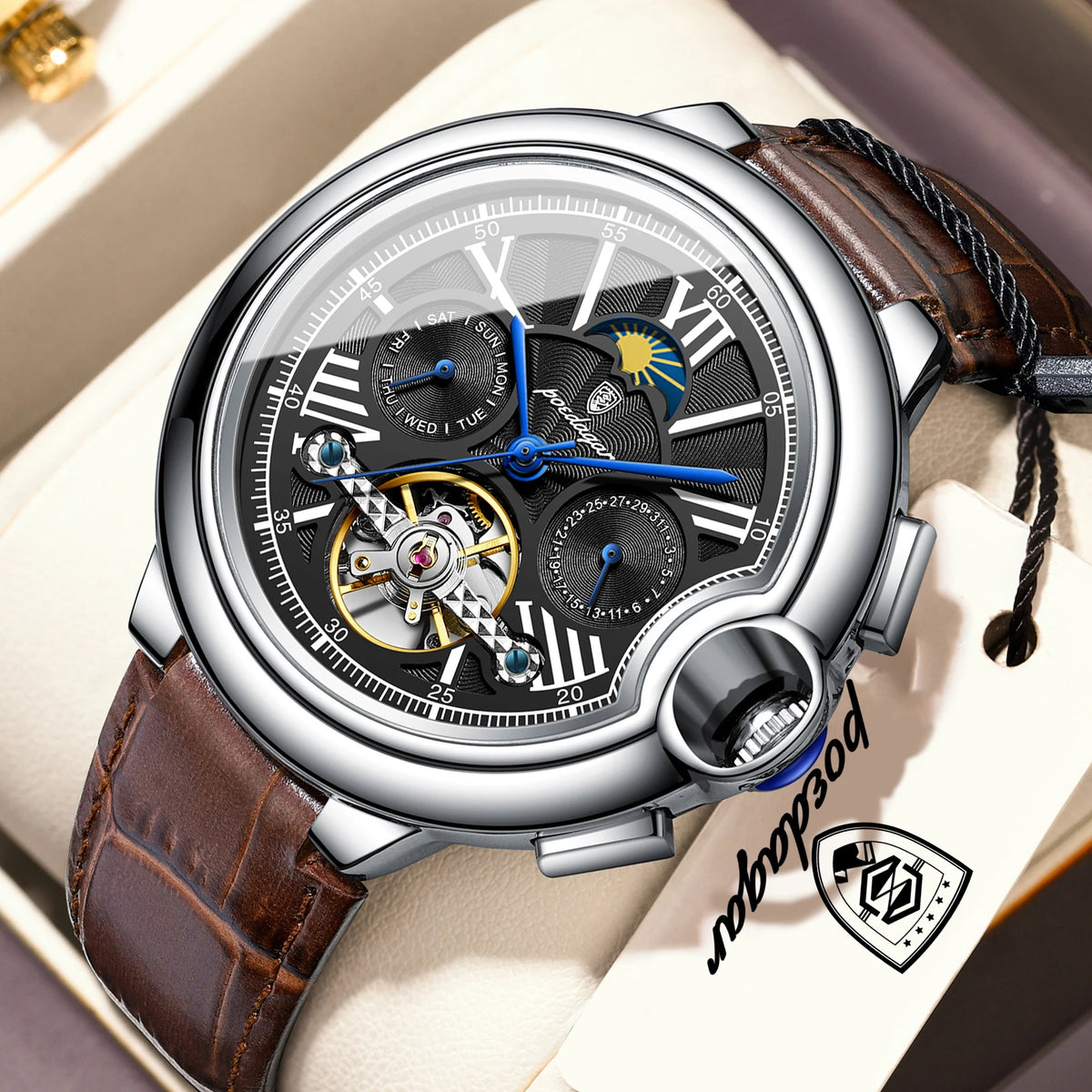 POEDAGAR luksuzni muški sat – automatski mehanički model s prikazom datuma i dana, kožni remen, tourbillon, vodootporan, elegantan i profesionalan stil.
