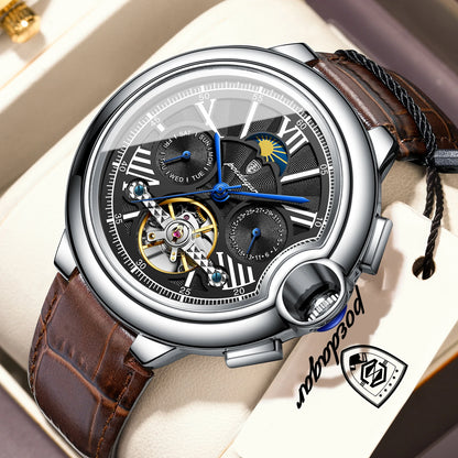 POEDAGAR luksuzni muški sat – automatski mehanički model s prikazom datuma i dana, kožni remen, tourbillon, vodootporan, elegantan i profesionalan stil.