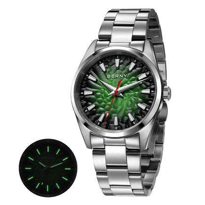 Montre pour homme BERNY – Montre à quartz, verre saphir, aiguilles luminescentes, étanche 10 ATM, entièrement en acier inoxydable – Style élégant et décontracté, idéale pour le quotidien ou les occasions professio