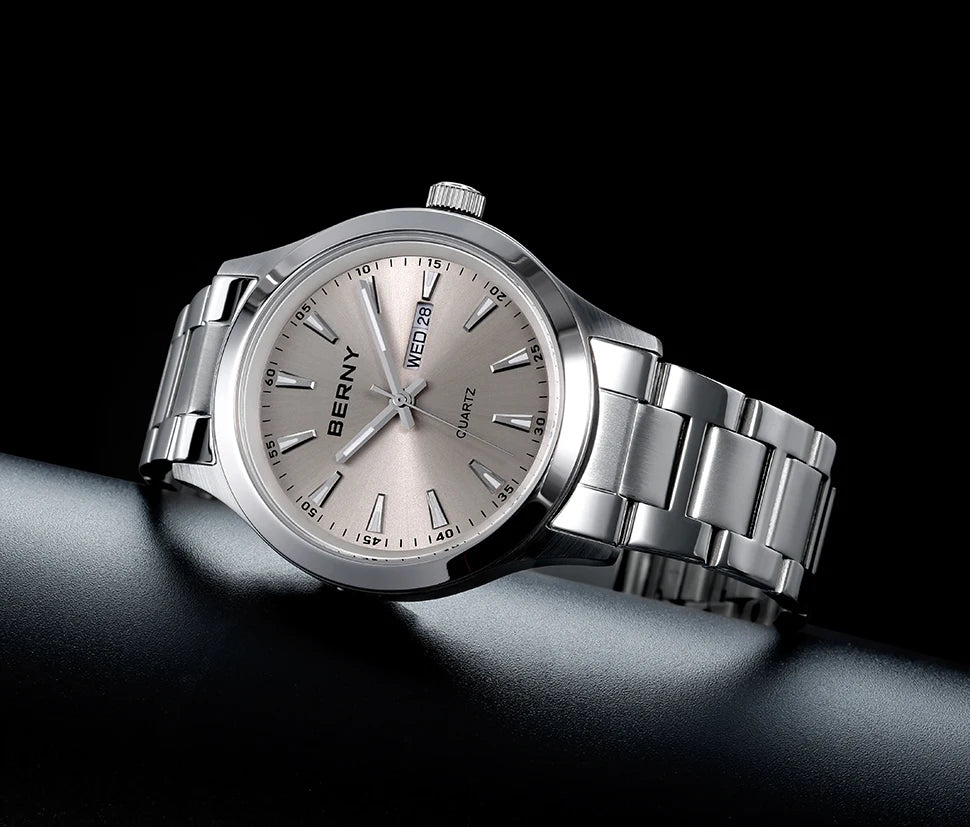 BERNY Men Quartz Watch  Fashion Texture Wristwatch for Men Ultra Thin Men Watch Calendar Luminous Stainless Steel Dress Watches