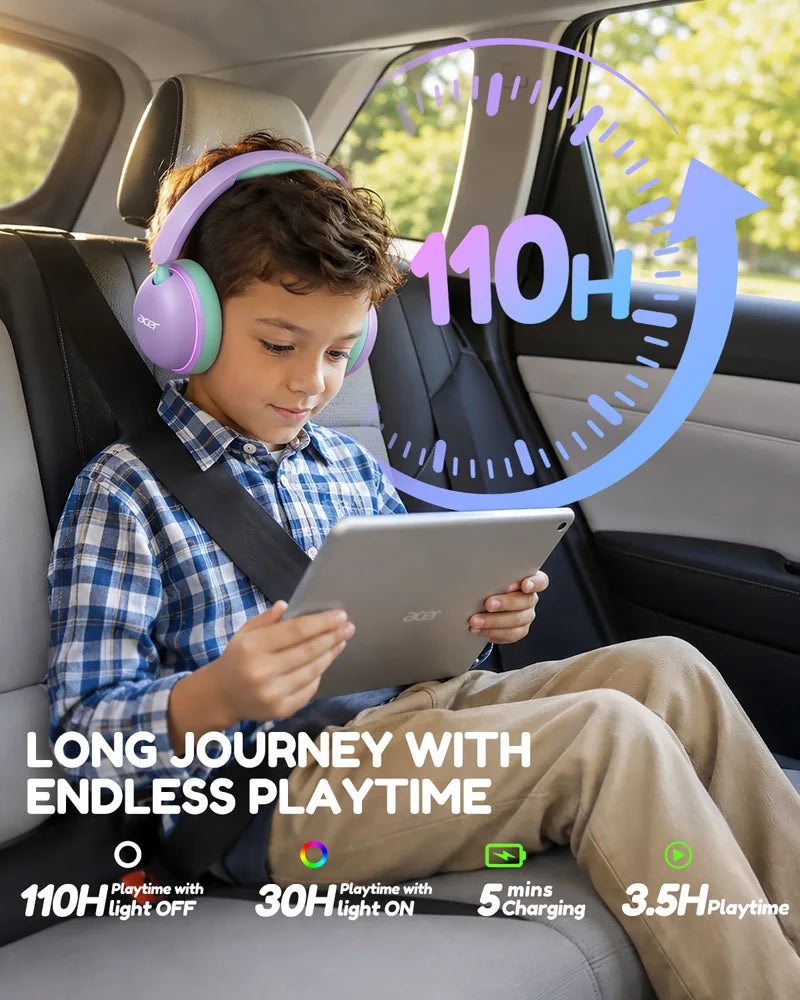 Casque Bluetooth 6.0 pour enfants Acer OHR727 avec lumières LED, conception confortable circumaurale, volume sécurisé de 85 dB, autonomie de 110 heures, microphone intégré