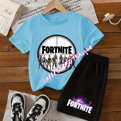 Summer Kids Game Fortnite T-Shirt Suit Anime Short Sleeve Shorts 2 Piece Summer Children Cotton Casual Sportswear Gifts