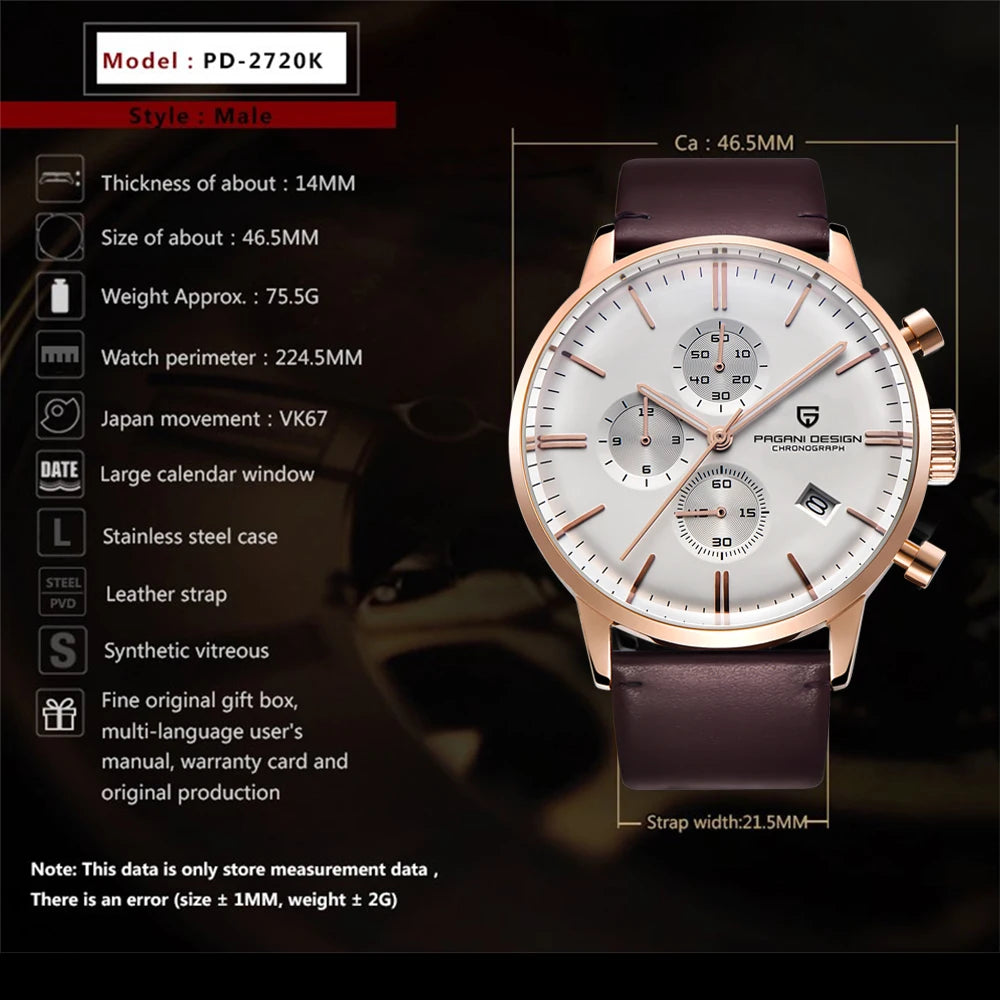 PAGANI DESIGN Men's Fashion Casual Brand Watch Waterproof 30m Luxury Leather Sports Quartz Chronograph VK67 Relogio Masculino