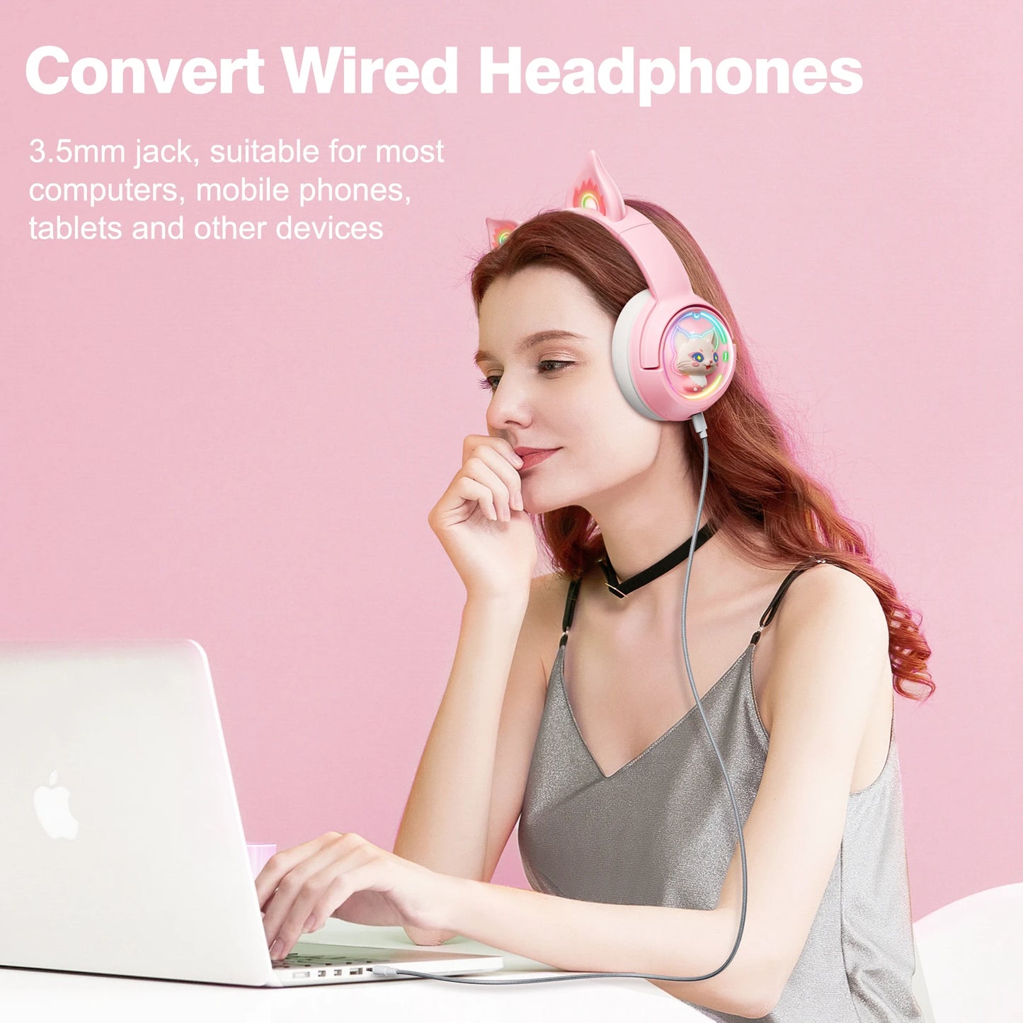 ONIKUMA B5 Wireless Gaming Headset with Cat Ears, Surround Sound Over-Ear Headphones with Microphone for PC, Laptop & Gaming