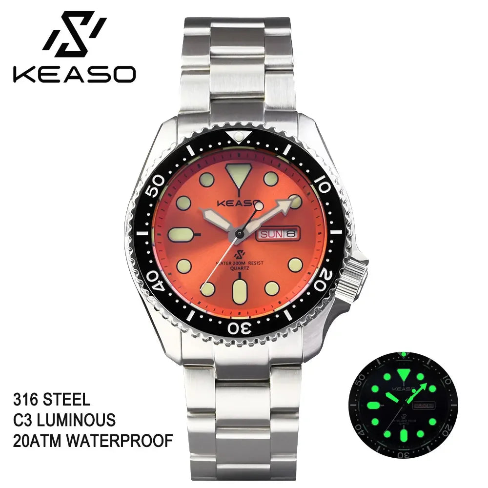 KEASO Top Men Dive Watch C3 Super Luminous 316L Solid Steel 20Bar Waterproof Sapphire Mirror MIYOTA 2035 Quartz Movement Watch
