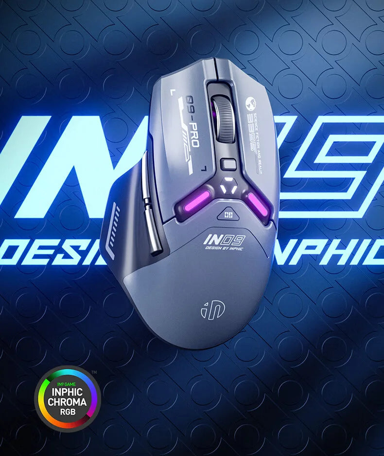 Ratón gaming inalámbrico Inphic IN9PRO 26000DPI, tasa de sondeo 8K, Bluetooth 5.0, con cable, 2.4G, trimodo, RGB, ergonómico