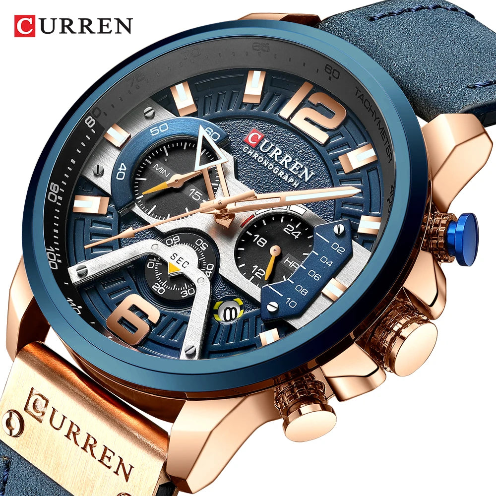 CURREN 8329 herreur – Afslappet sportsstil, militærinspireret design, læderrem, trendy kronograf, luksusur fra et kendt mærke