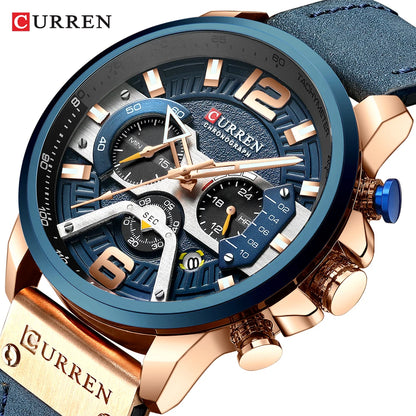 CURREN 8329 herreur – Afslappet sportsstil, militærinspireret design, læderrem, trendy kronograf, luksusur fra et kendt mærke