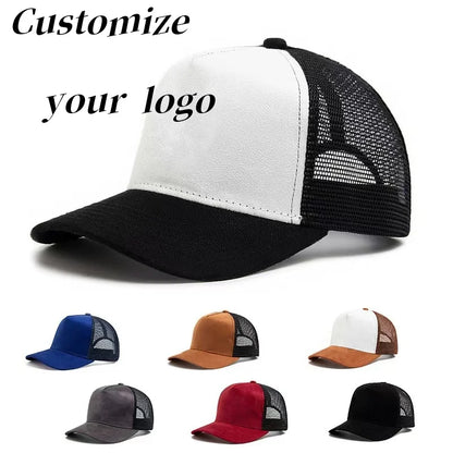 Boné trucker unissexo 2025 de 5 painéis em malha e camurça com logótipo personalizado, boné de basebol para homem, primavera/verão, respirável, desportivo, para mulher