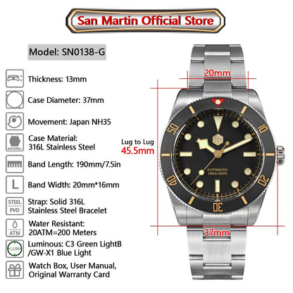 San Martin New 37mm BB54 Vintage Diver Watch ST2130 Automatic Mechanical Men Wristwatch Sapphire Luminous Waterproof 200m SN0138