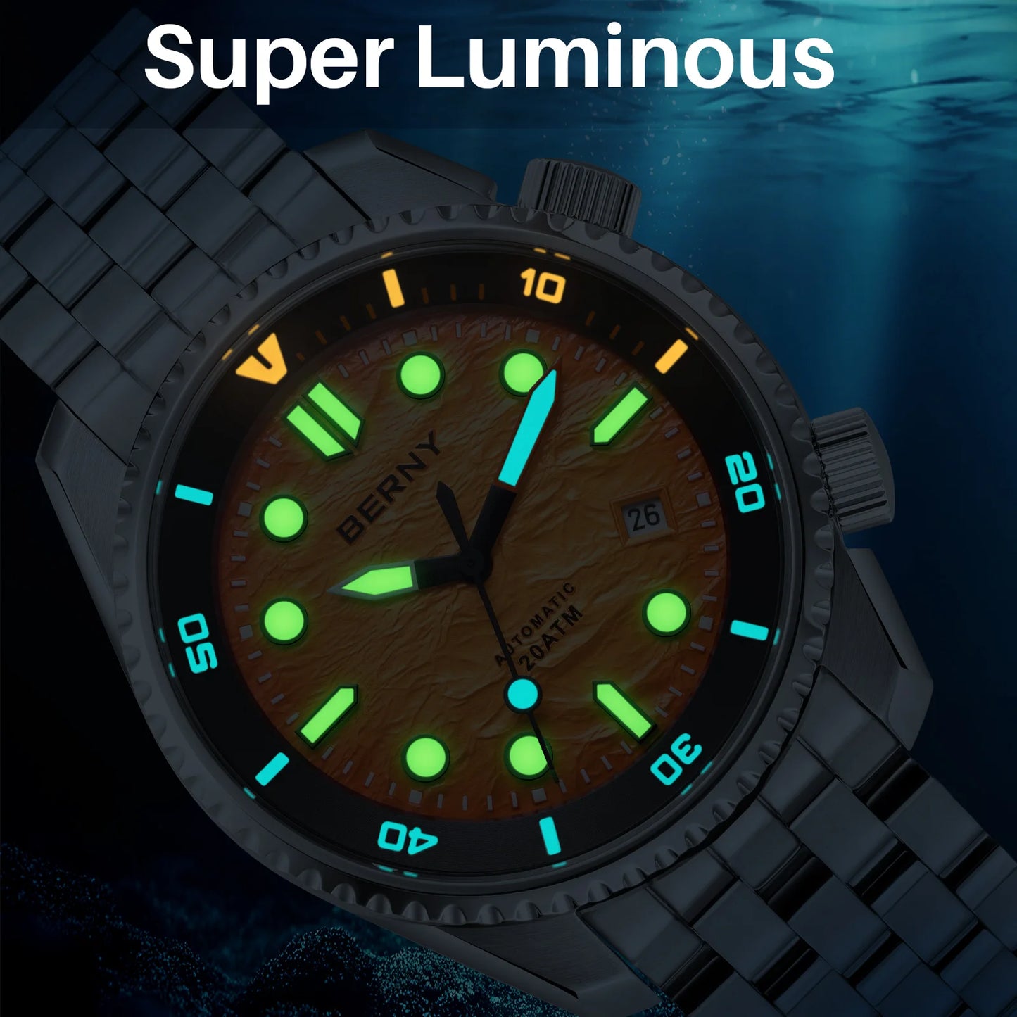 BERNY Diver Automatic Watches Men's Luxury Sapphire 316L Stainless Steel Mechanical Watch 42MM 200M Waterproof Diving Men's Watch