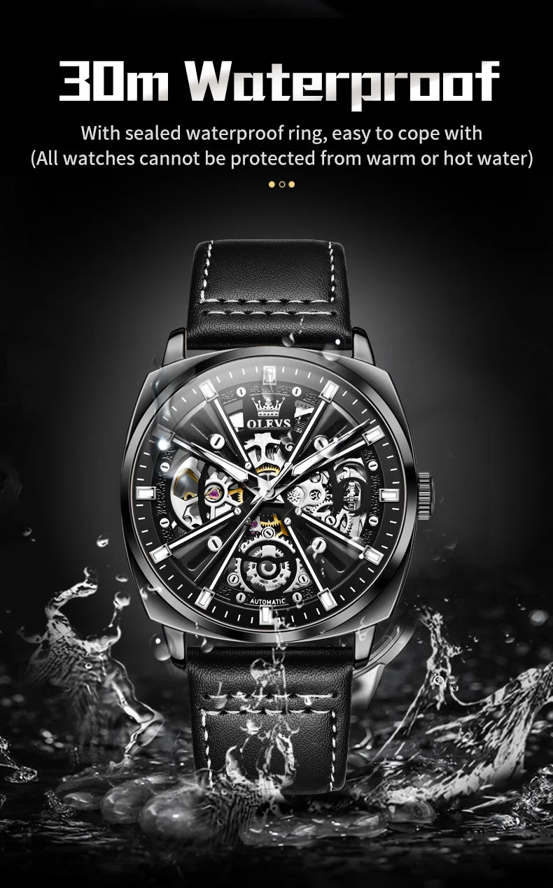 OLEVS 6685 Men's Watches Mechanical Wristwatch 30m Waterproof Luminous Leather Strap Original Man Watch