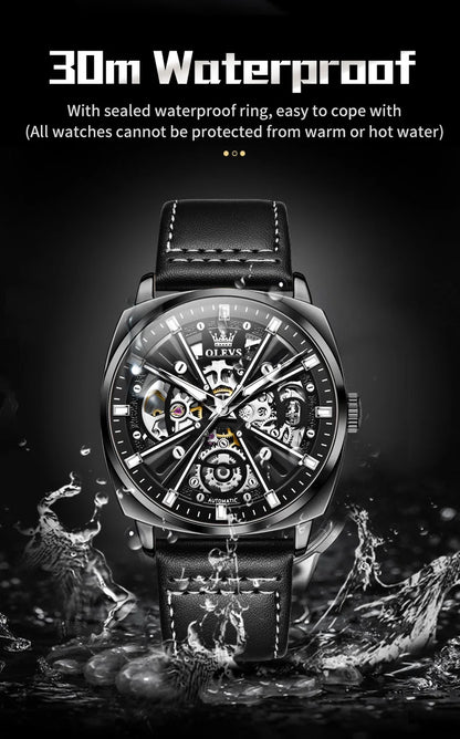 OLEVS 6685 Men's Watches Mechanical Wristwatch 30m Waterproof Luminous Leather Strap Original Man Watch