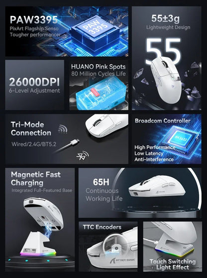 Attack Shark X6 Lightweight Wireless Gaming Mouse with 3 Mode Up to 26K DPI RGB Backlight Charging Base for Laptop Desktop