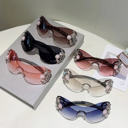 KAMMPT Rimless Y2k Sunglasses with Rhinestones Women Fashion Monoblock Outdoor Decor Shades Trendy Design Gradient Sun Glasses