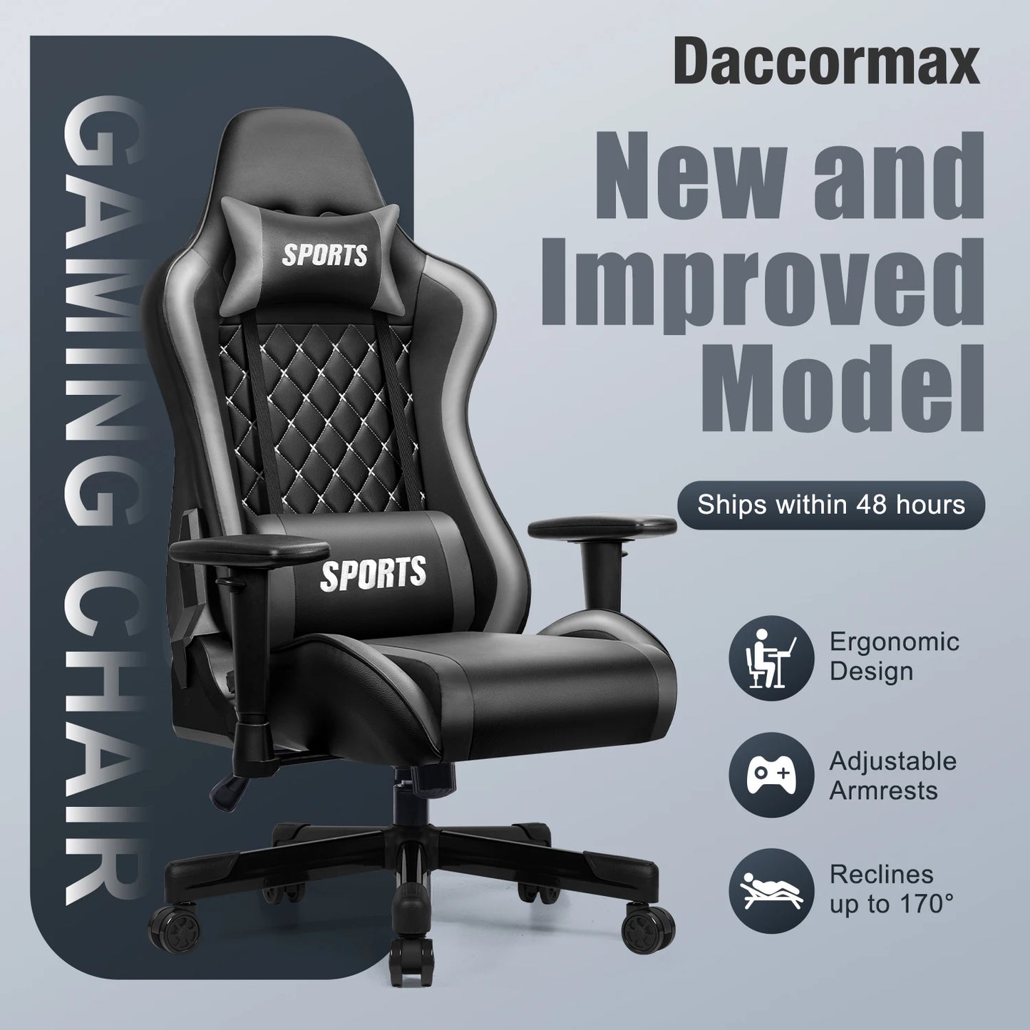 Daccormax Ergonomic Gaming Chair with Lumbar Support, 170° Reclining Office Chair, Adjustable Armrests, Comfortable Computer Chair for Work & Gaming
