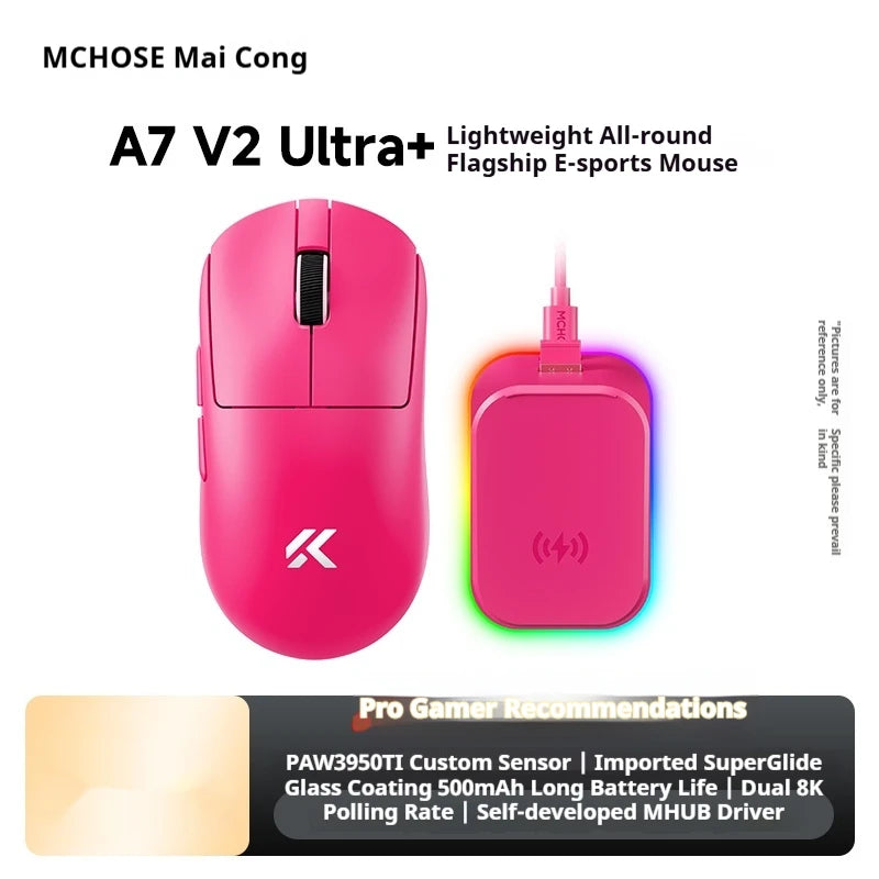 Rato sem fios MCHOSE A7 V2 Ultra+ Tri-Mode leve Paw3950 Ti 42000dpi 500mah para PC, eSports e portátil — acessórios gaming