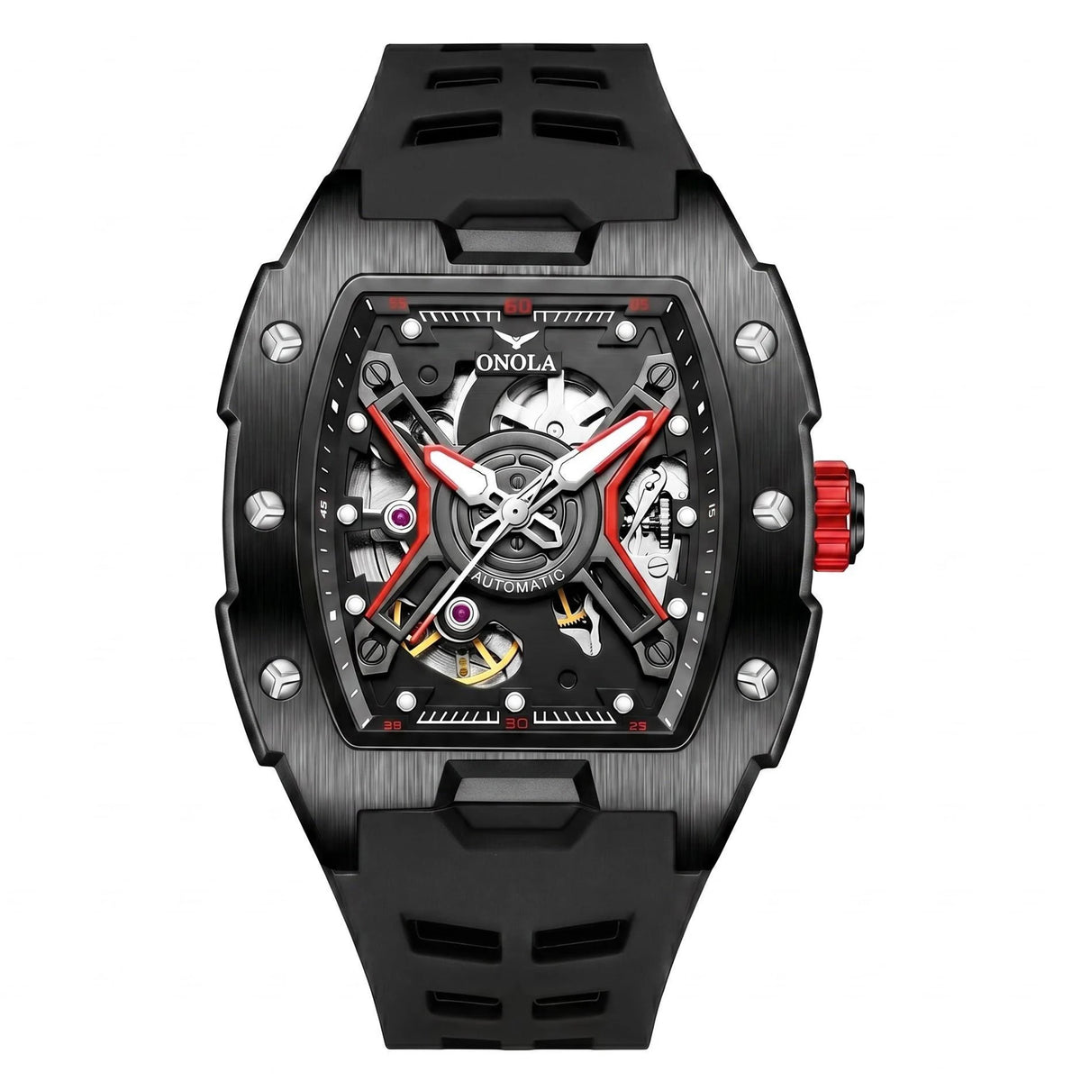 ONOLA Men's Rose Gold Automatic Mechanical Watch Silicone Strap Waterproof Luminous Hollow Dial Watch